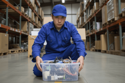 The image shows a asia young man wearing a blue uniform working in a warehouse He is kneeling on the floor and is holding a plastic container filled with various electronic components The container is overflowing with wires cables and other miscellaneous items The warehouse is filled with shelves and racks and there are cardboard boxes and other items scattered around The man appears to be focused on his work