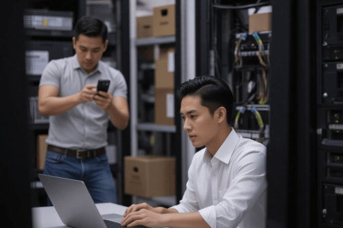 The image shows a asia young man working on a laptop in a server room He is sitting in front of a rack of servers and appears to be focused on his work Behind him there is another man standing and holding a camera taking a picture of the server room with his phone The server room is filled with rows of shelves and racks and there are several boxes and cables visible in the background The overall atmosphere of the image is one of concentration and focus