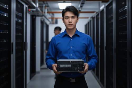 The image shows a asia young man in a blue uniform standing in a server room He is holding a rack of servers in his hands and is looking directly at the camera with a serious expression on his face The server room is filled with rows of servers and there are other workers in the background The man appears to be a technician or a technician in the server room as he is wearing a blue shirt The image is taken from a low angle so the focus is on the man and the servers