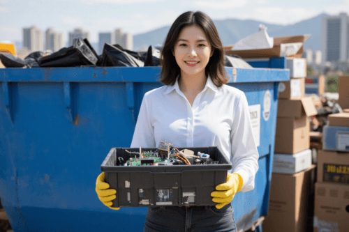 The image shows a asia young woman standing in front of a blue dumpster She is wearing a white blouse and yellow gloves She has shoulder-length dark hair and is smiling at the camera In her hands she is holding a black bin filled with various electronic components The components appear to be components of a computer or other electronic device Behind her there are stacks of cardboard boxes and other waste materials The background shows a cityscape with tall buildings and mountains