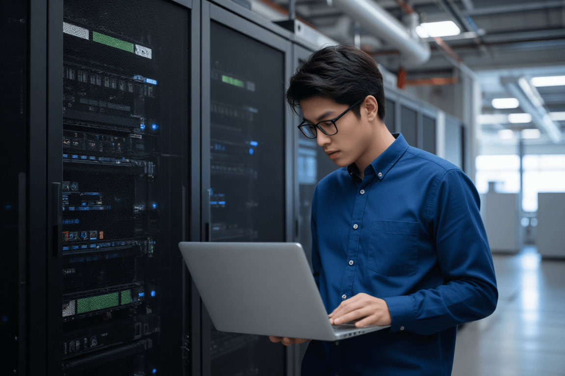 The image shows a asia young man standing in a server room, holding a laptop in his hands. He is wearing a blue shirt and glasses and appears to be focused on the laptop screen. The room is filled with rows of servers, and there is a large window on the right side of the image. The man is standing in front of one of the servers, which is covered in a black mesh panel. The walls of the room are made of metal, and the ceiling is high with a curved design. The overall atmosphere of the space is modern and technological.