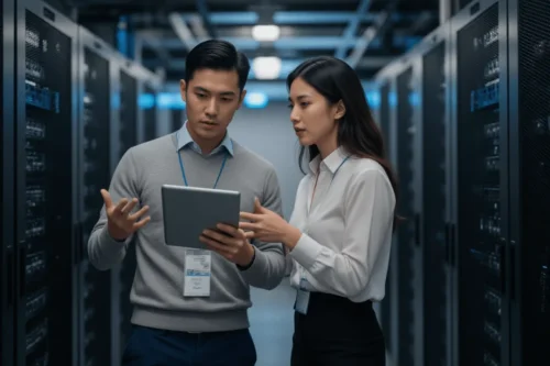 The image shows a asia man and a asia woman standing in a server room They are both wearing ID cards and are holding a tablet in their hands The man is on the left side of the image wearing a grey sweater and blue pants and the woman on the right side is wearing a white blouse and black pants They both have serious expressions on their faces and are gesturing with their hands as if they are explaining something The room is filled with rows of server racks and there is a blue light shining down on them The overall atmosphere of the room is modern and technological