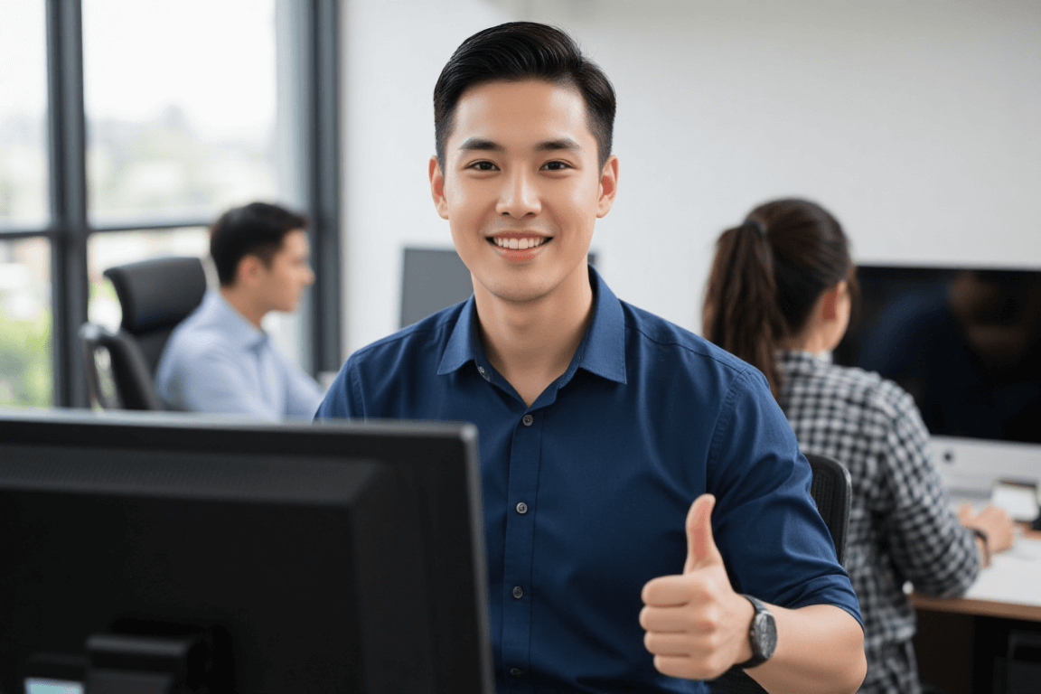 The image shows a asia young man smiling while giving a thumbs up in a modern office He is sitting at a desk in front of a computer monitor Behind him there are other people working on their computers and desks The man is wearing a deep blue button-down shirtand and is sitting on a chair The background shows a modern office with large windows and a white wall The overall mood of the image is cheerful and friendly